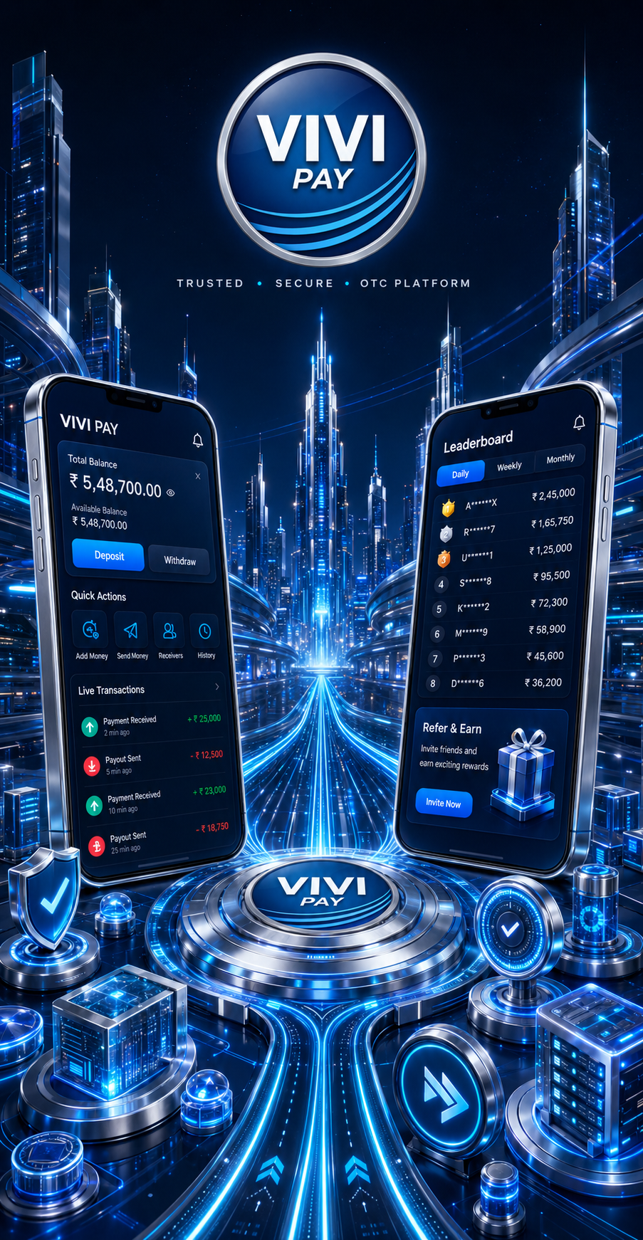ViviPay promotional illustration with phones and a futuristic city